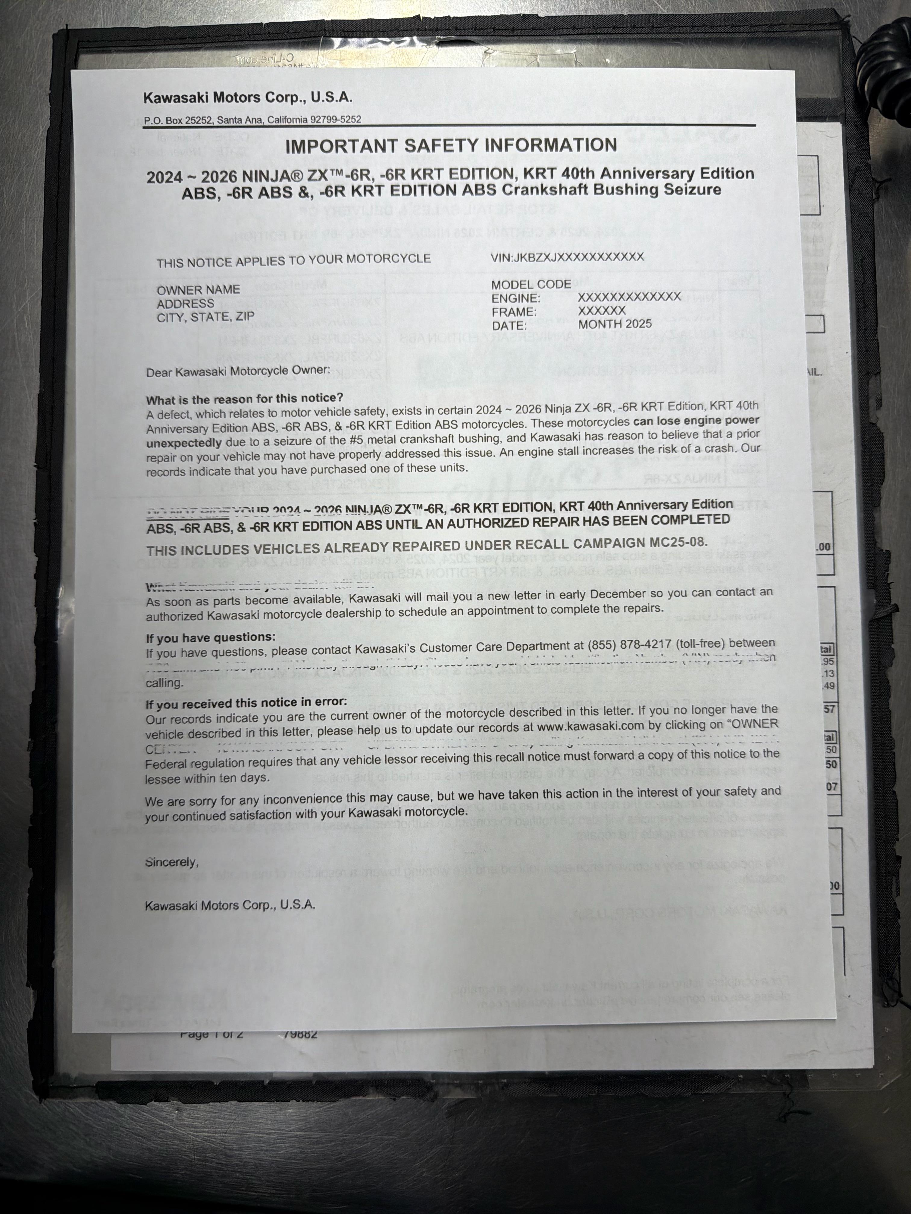 2024-26 Recall/Stop sale. : r/zx6r