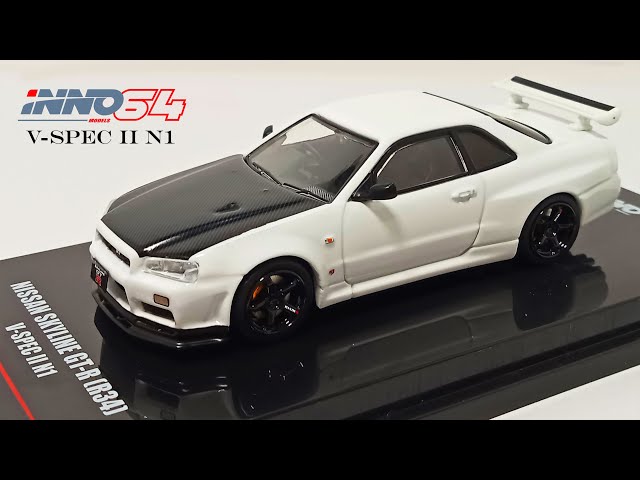 Inno64 Nissan Skyline GT-R R34 V-Spec II N1 White With Carbon Hood
