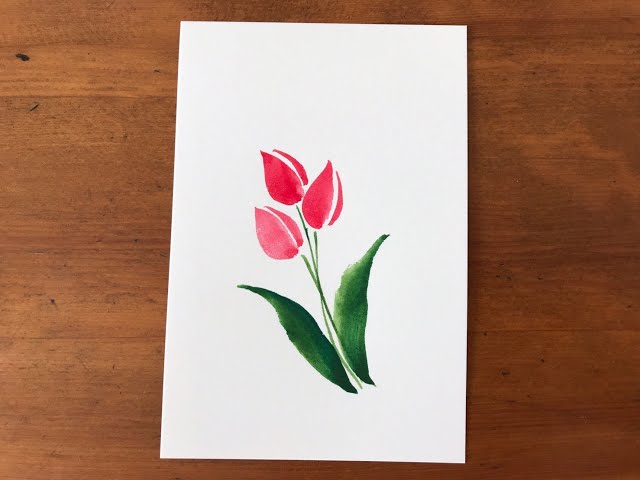 初心者でも描けますハガキ絵💕【赤いチューリップ🌷】花・水彩画・Even