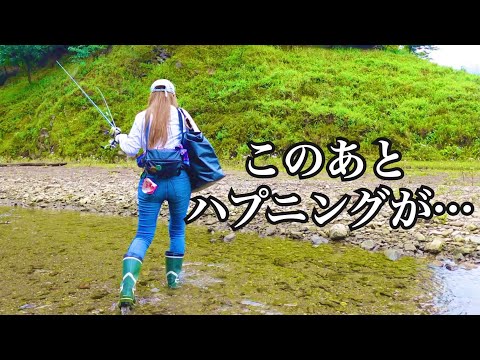 A woman goes bass fishing alone at dusk and a series of mishaps