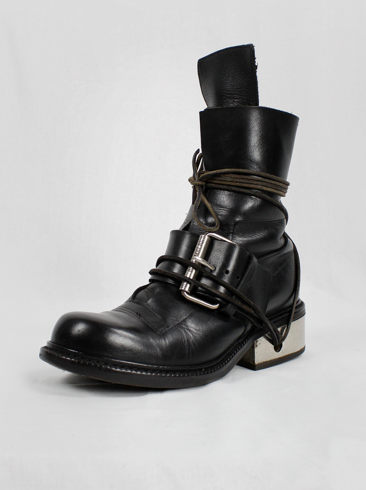 Dirk Bikkembergs black tall boots with belt and laces through the