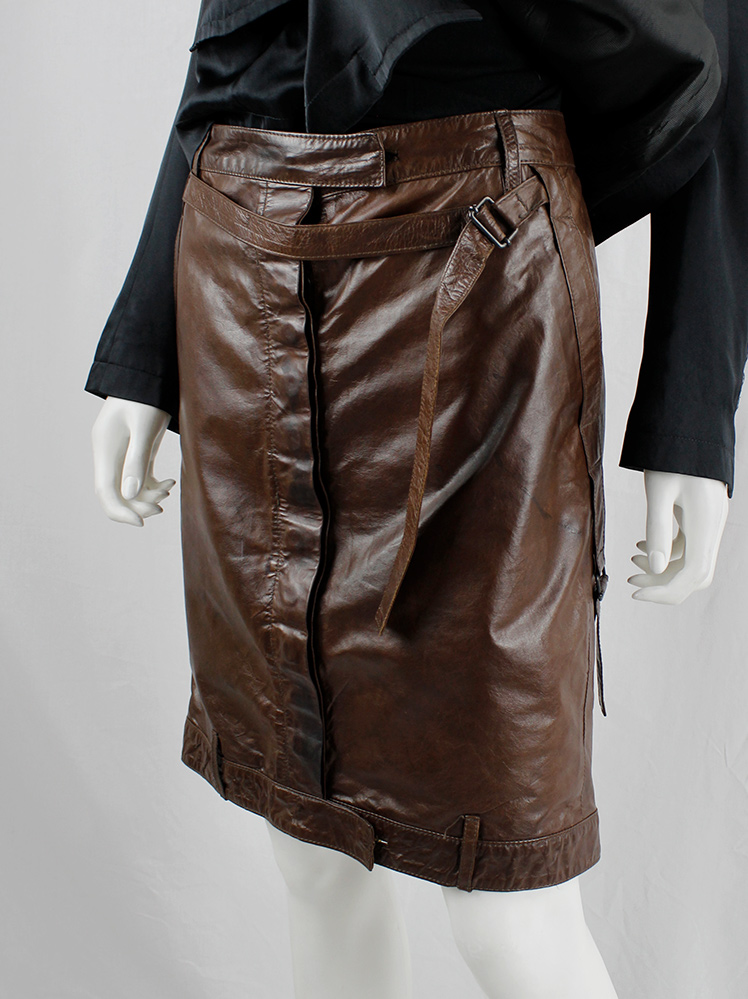 Ann Demeulemeester brown short leather skirt with multiple straps