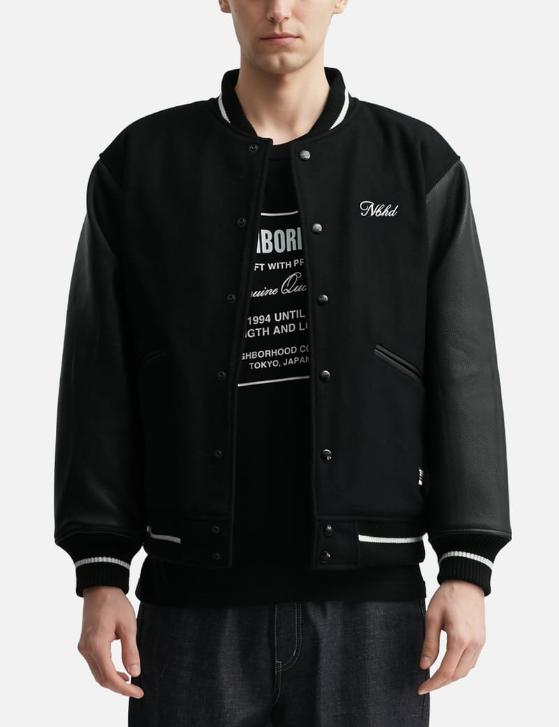 NEIGHBORHOOD Stadium Jacket - 厚手メルトン×牛革スリーブの刺繍入り