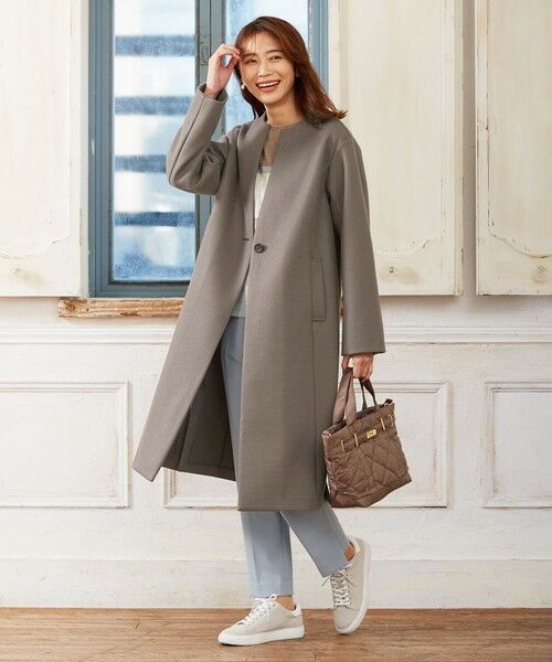 セール】 【洗える】WOOLLET ノーカラー ロングコート （カットソー