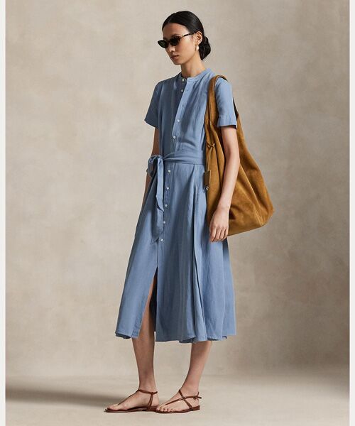 セール】 ベルテッド シルクブレンド Aライン シャツドレス （ロング