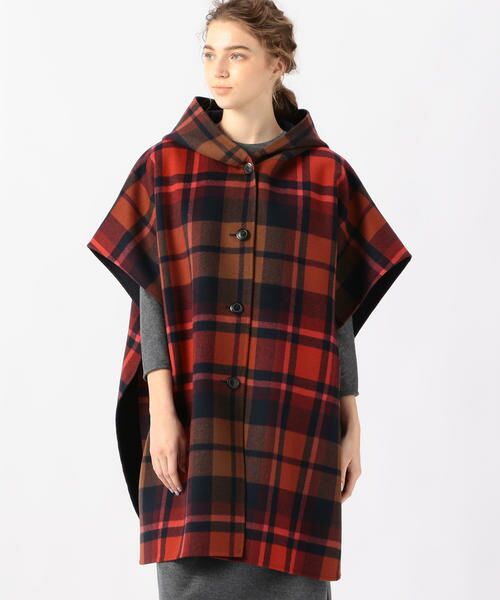 セール】 ウールカシミヤリバータータンチェック フーデッドポンチョ