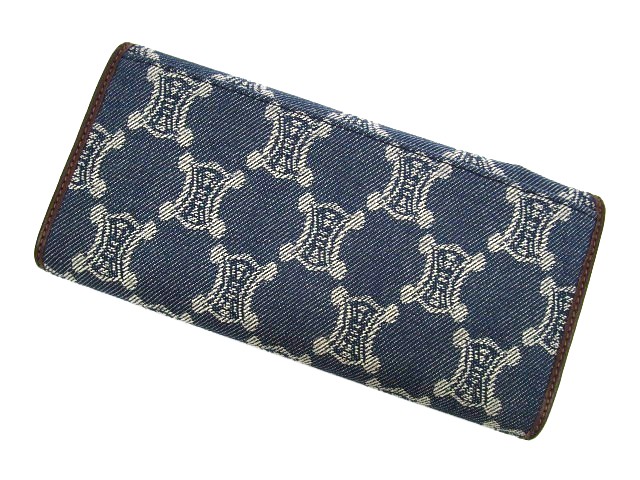 未使用品 セリーヌ CELINE かぶせ長財布 マカダム デニム レザー