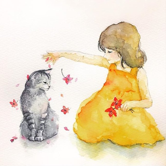 原画】猫と女の子 - 動物水彩イラスト MUTSUKI watercolor | minne