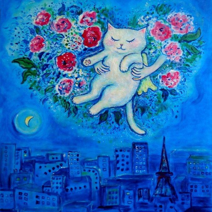 原画 「再会の夜（シャガールへのオマージュ）」 F10号 ＃絵画 ＃ねこ
