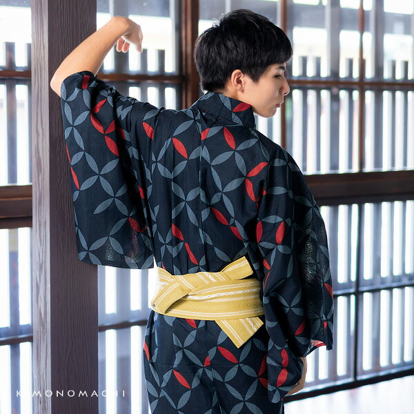 Prices down2】浴衣 メンズ 男性 夏着物 ポリエステル 「破れ七宝 紺
