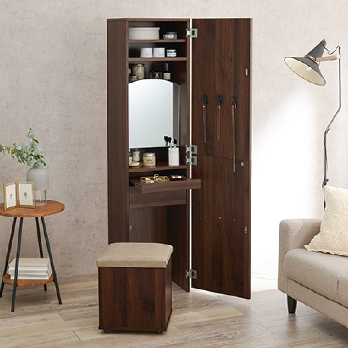 楽天市場】ドレッサー コンパクト 姿見ミラー スツール付き 大容量収納