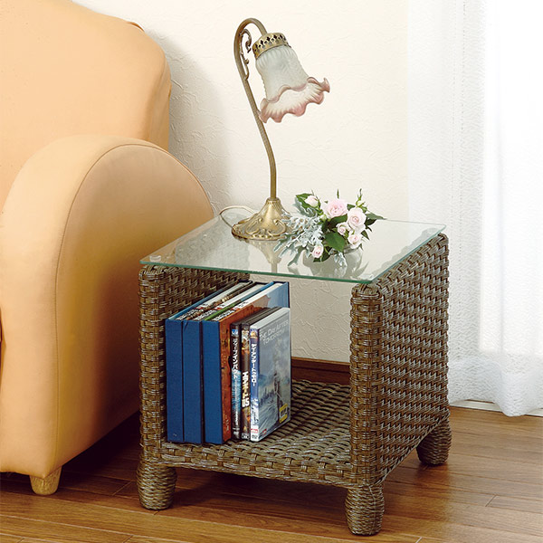 楽天市場】ラタンテーブル 円形 ガラス天板 棚付 籐家具 直径60cm