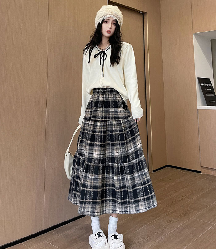 楽天市場】スカート ロング 秋冬 チェック柄 ロングスカート