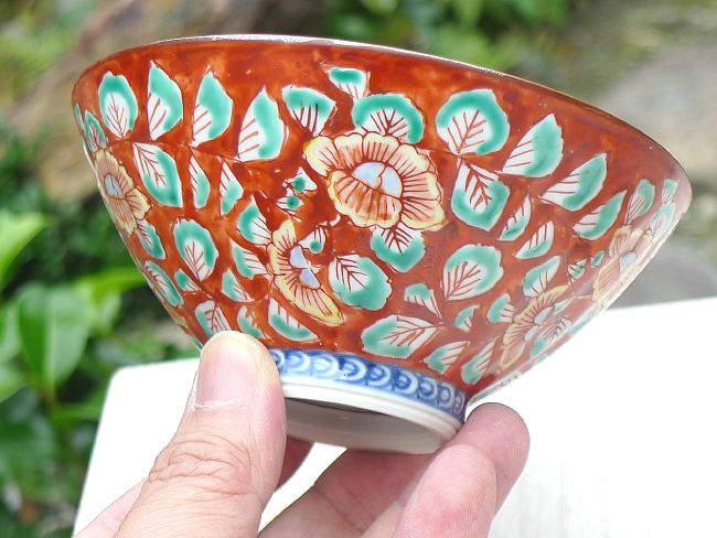 赤濃牡丹唐草ご飯茶碗 壹楽 小 - 京焼清水焼 松韻堂