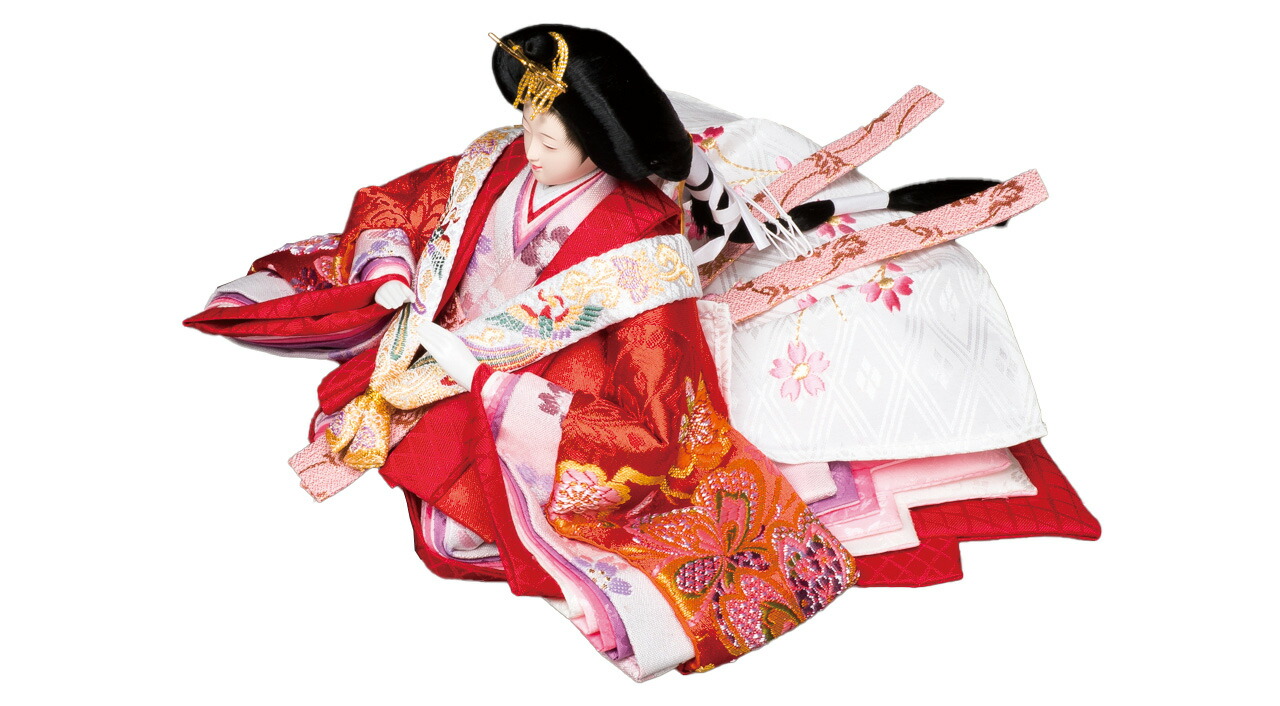 雛人形 三段五人収納飾り【P81202】 引き出し式の収納箱に大柄刺繍の