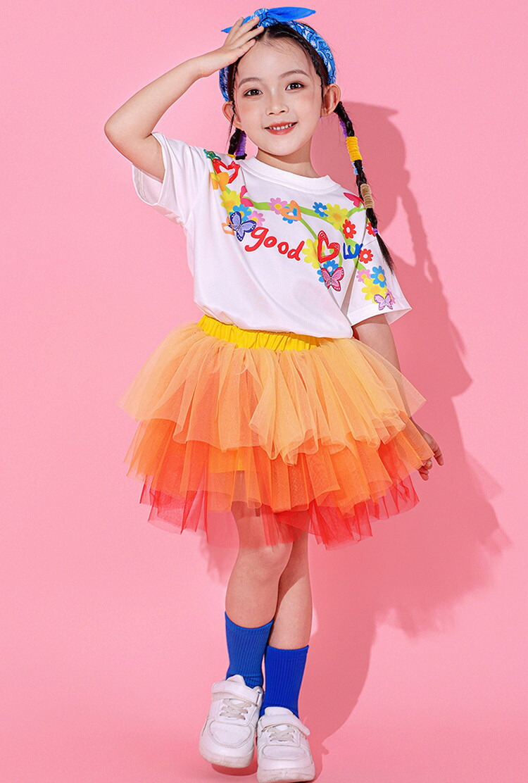 楽天市場】オレンジ メッシュスカート 半袖 キッズ ダンス衣装 女の子