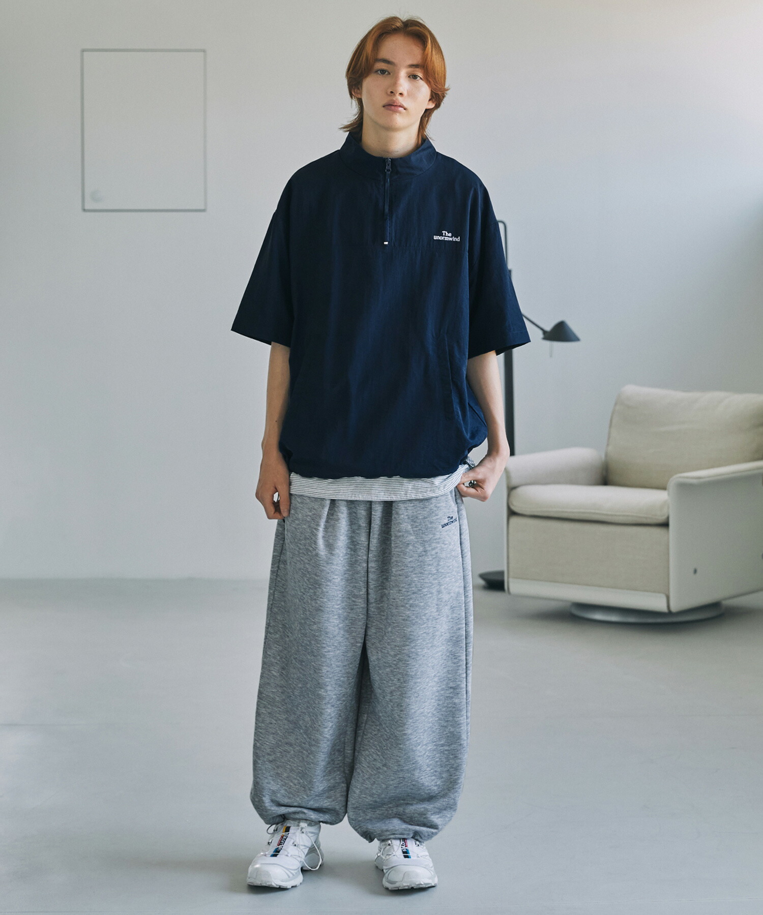 セットアップ対応】 刺繍ロゴワッシャーナイロン半袖ハーフジップ裾