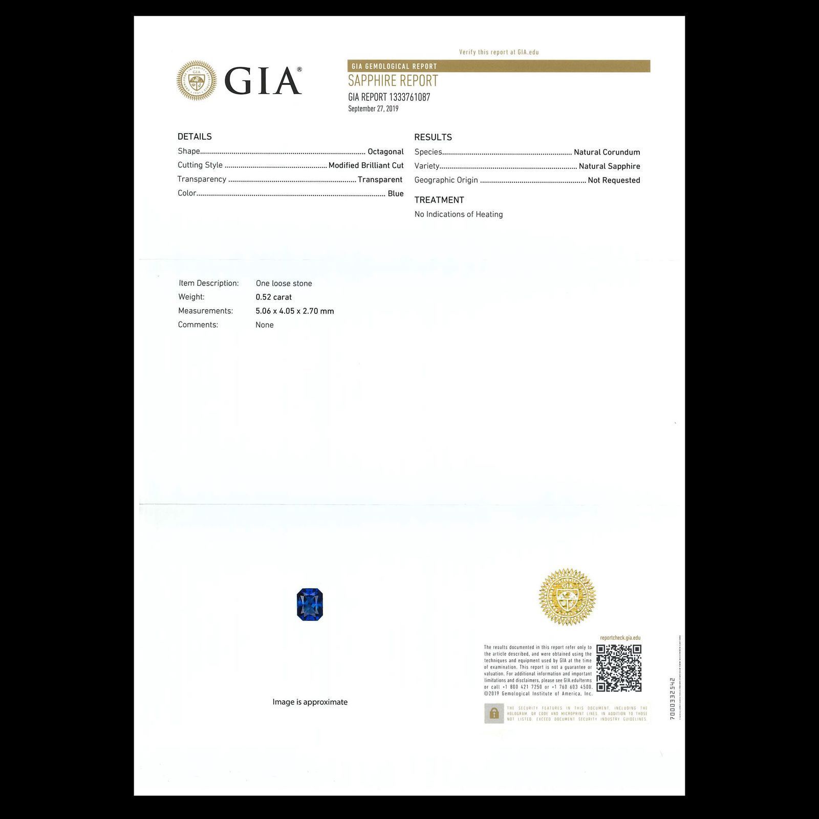 ブルーサファイア 非加熱(宝石名サファイア) マダガスカル産 GIA鑑付