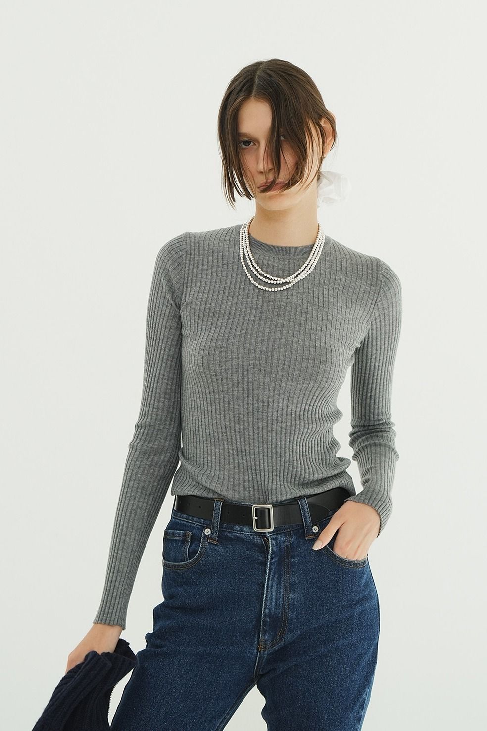 CLANE - シアーリブニットカットソー | SHEER RIB KNIT TOPS (GREY