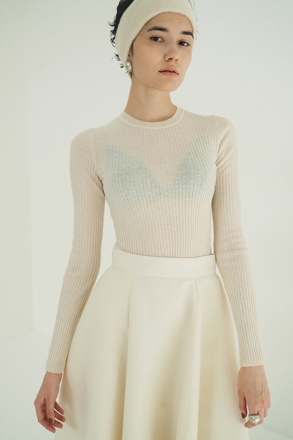 CLANE - シアーリブニットカットソー | SHEER RIB KNIT TOPS (BLACK