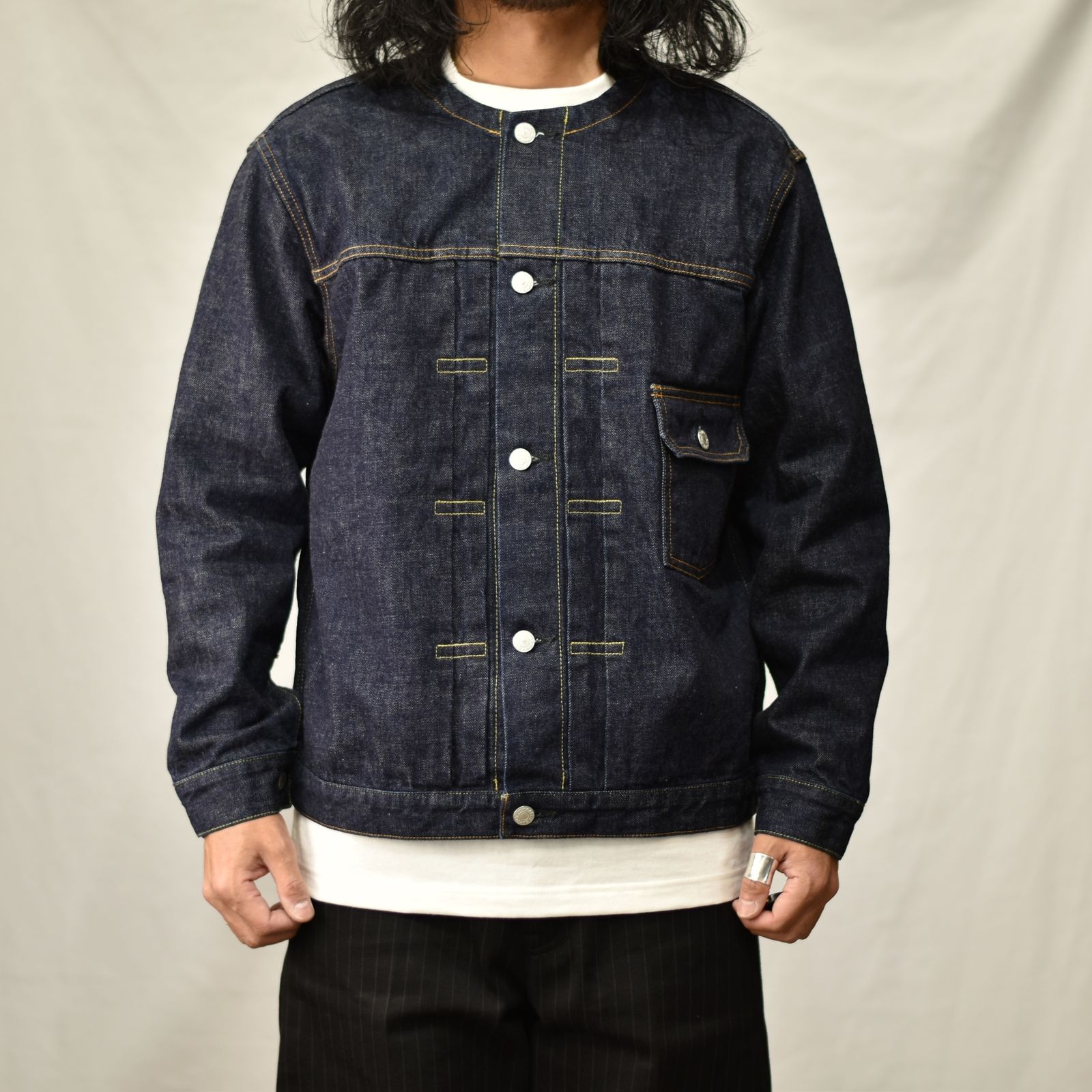 CALEE - 1st type no collar denim jacket -one wash- (Ow Indigo blue