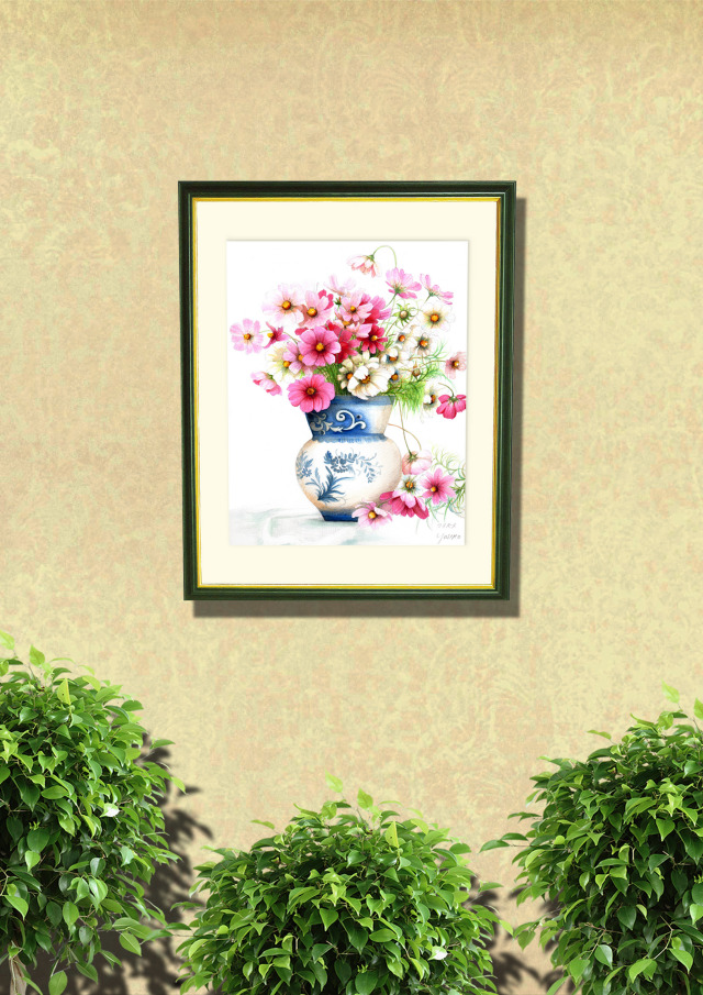 志村好子「コスモス」水彩画（絵寸337×408・額寸392×507mm）