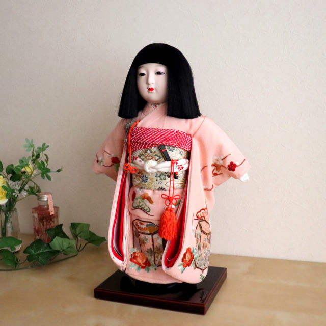 元賀章介作 10号(尺)正絹手刺繍 四君子 ピンク色 手塗本漆塗台 市松
