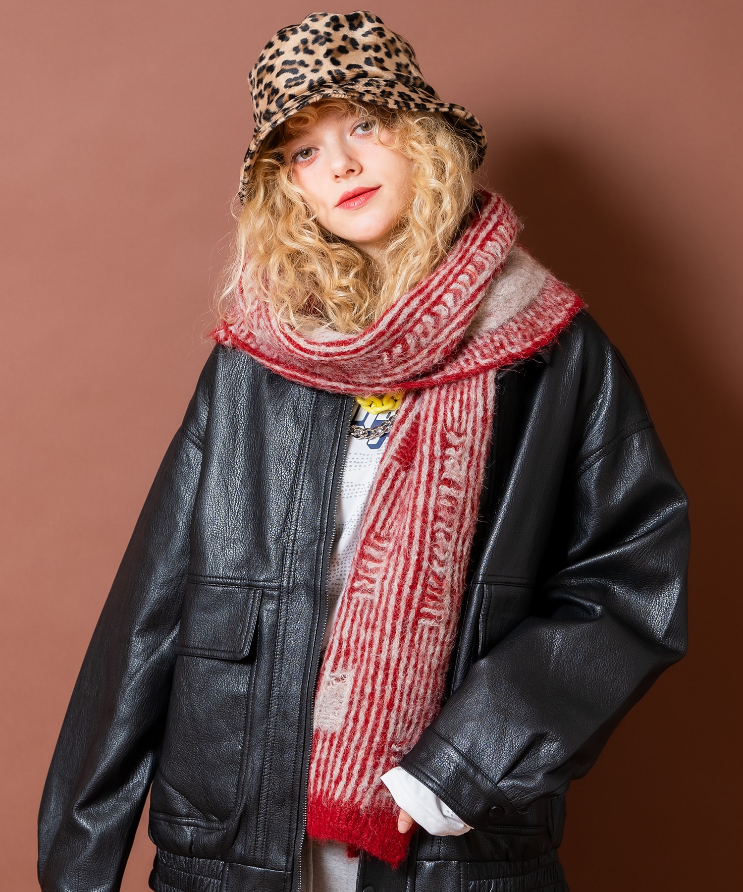 ストライプクラッシュダメージファー混ウールニットマフラー(27cm