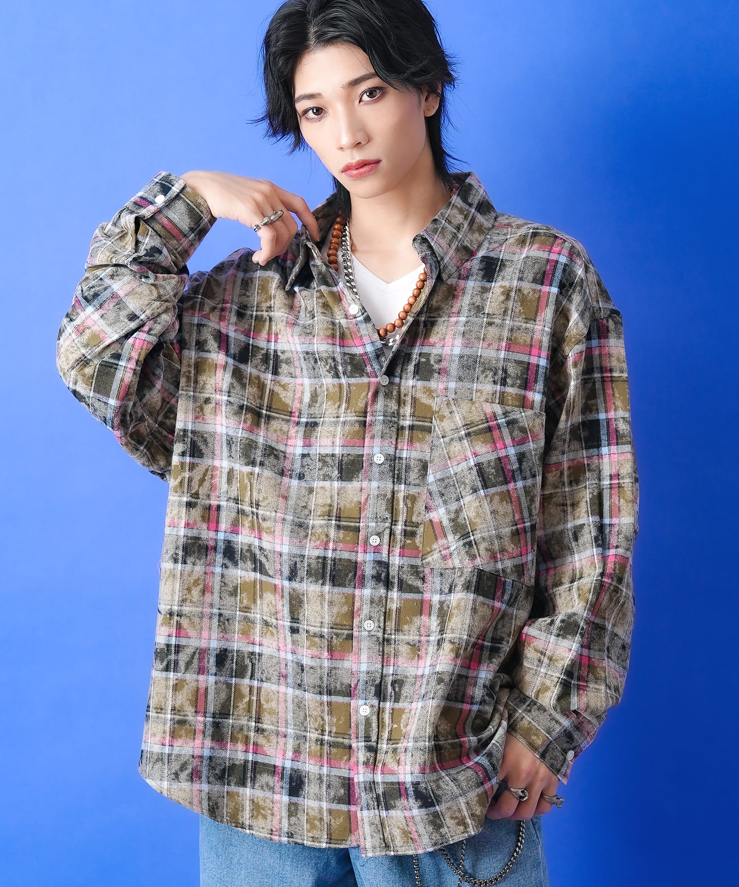 ケミカルブリーチチェックオーバーサイズネルシャツ / メンズ