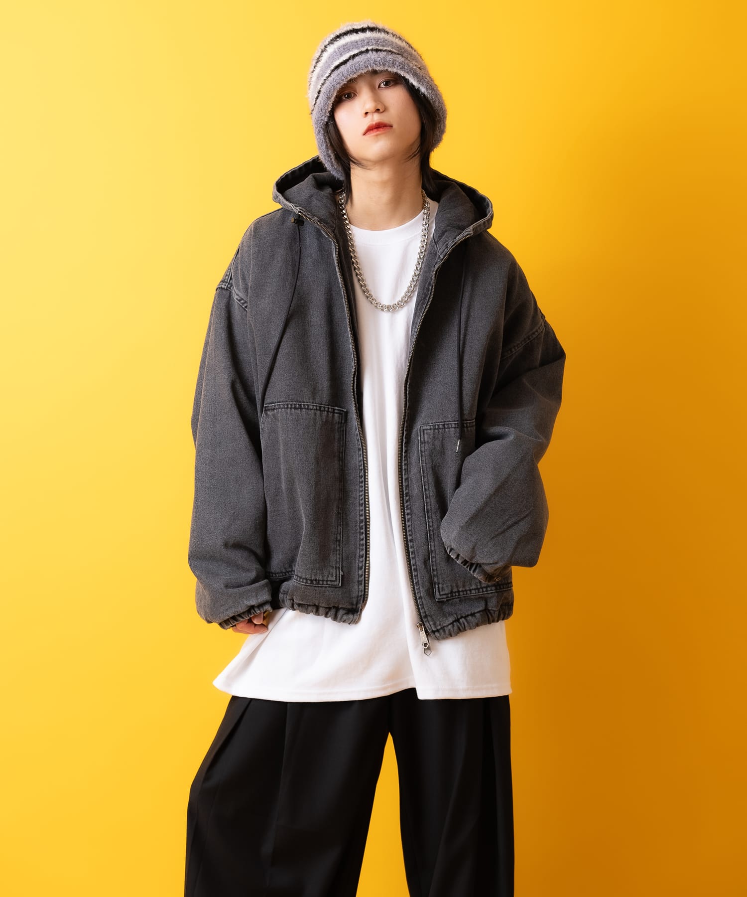 ブラックデニムオーバーサイズジップアップフーディーブルゾン / ZIP