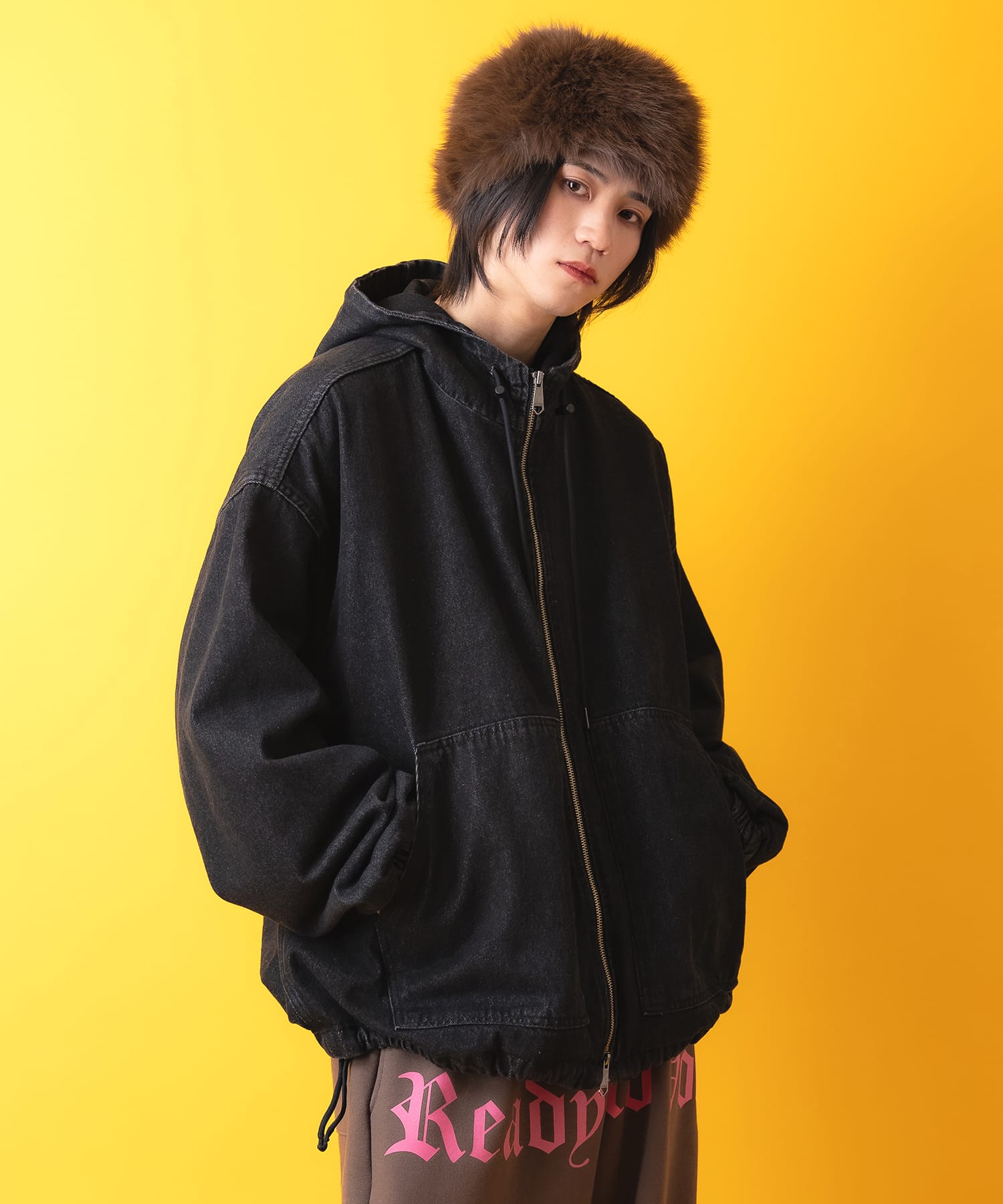 ブラックデニムオーバーサイズジップアップフーディーブルゾン / ZIP