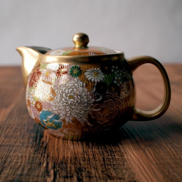 九谷焼 極美品 秀幸 金花詰 茶器揃(急須と蓋付き湯呑み5客) 九谷焼 極