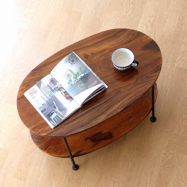 ローテーブル 2段 木製 アイアン 棚付き 天然木 無垢 鉄脚 楕円形