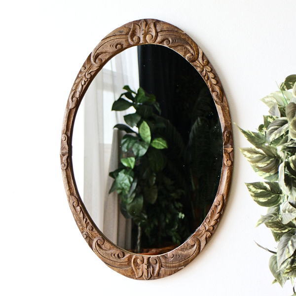 鏡 壁掛け 木製 ミラー 高さ70cm 楕円 彫刻 玄関 洗面 ウォールミラー