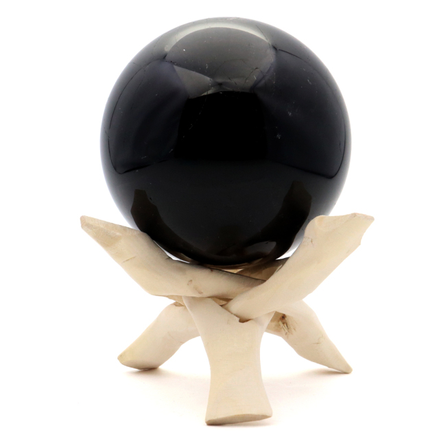 モリオン 黒水晶 丸玉 木製台座付き 直径 74mm 山東省産 天然石
