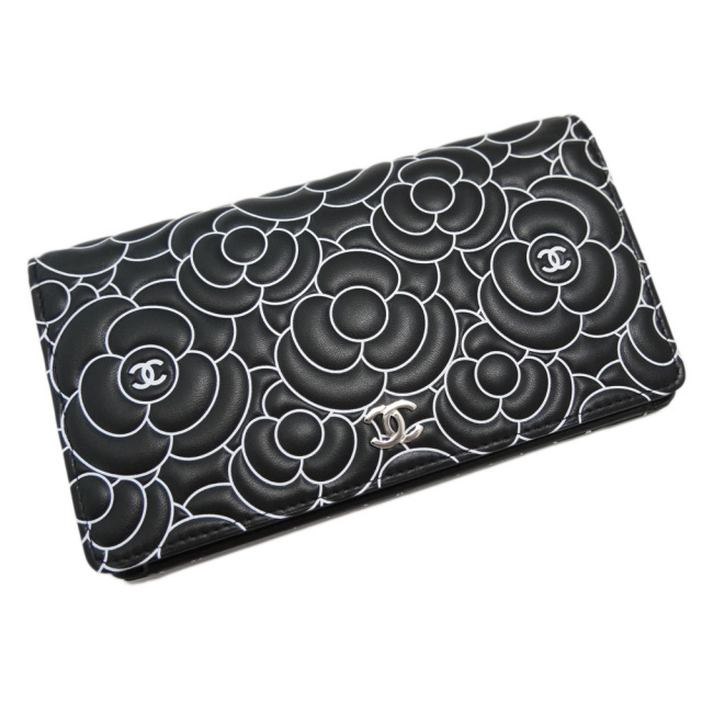 シャネル カメリア レザー長財布 黒×白 CHANEL