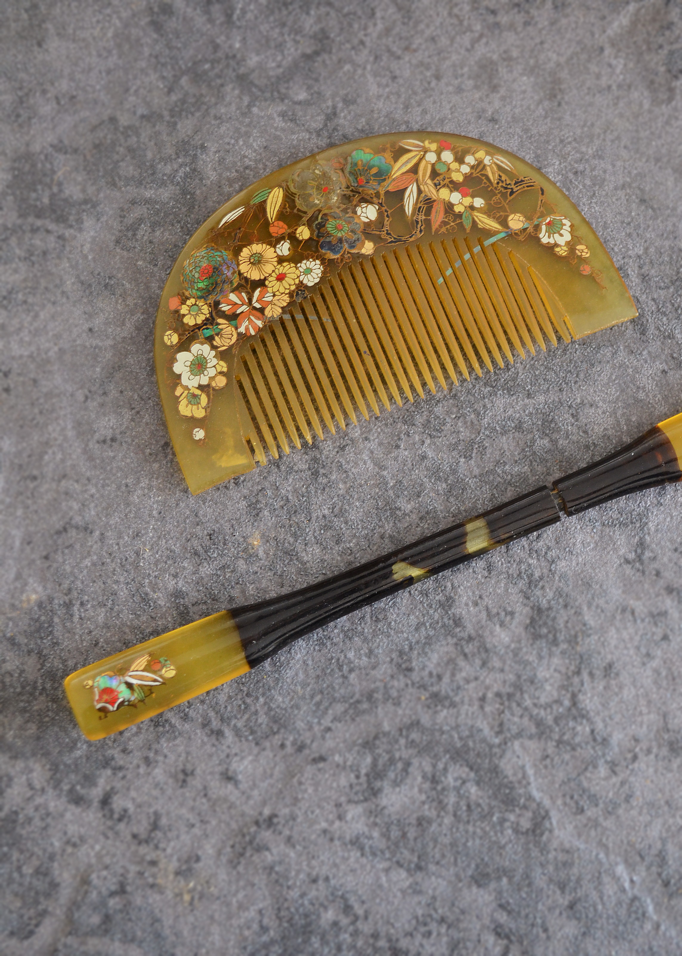 本鼈甲 螺鈿細工 櫛 アンティーク 桐箱入り 本鼈甲 螺鈿細工 櫛