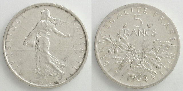 フランス 1960 5フラン銀貨 種蒔くマリアンヌ