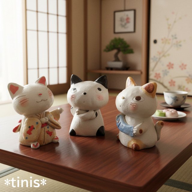 美濃焼 猫 置物 手造り 陶器製 日本製 立型 （4～6）
