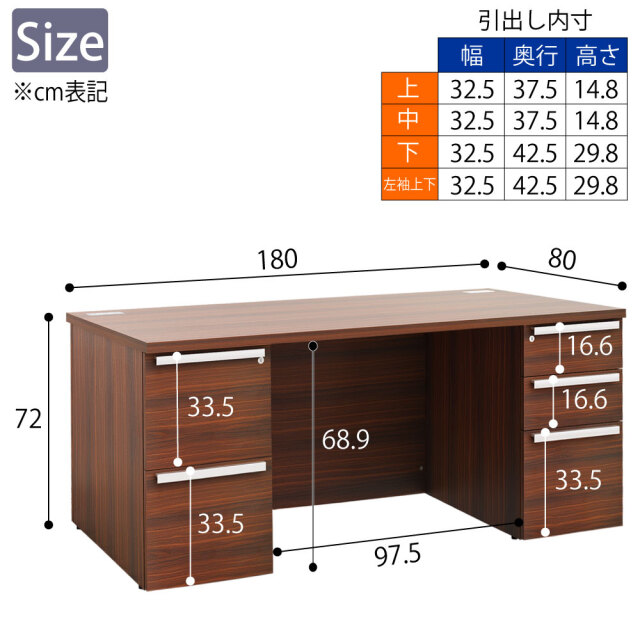 両袖デスク 両袖机 役員用デスク 幅180×奥行80×高さ72cm マホガニー