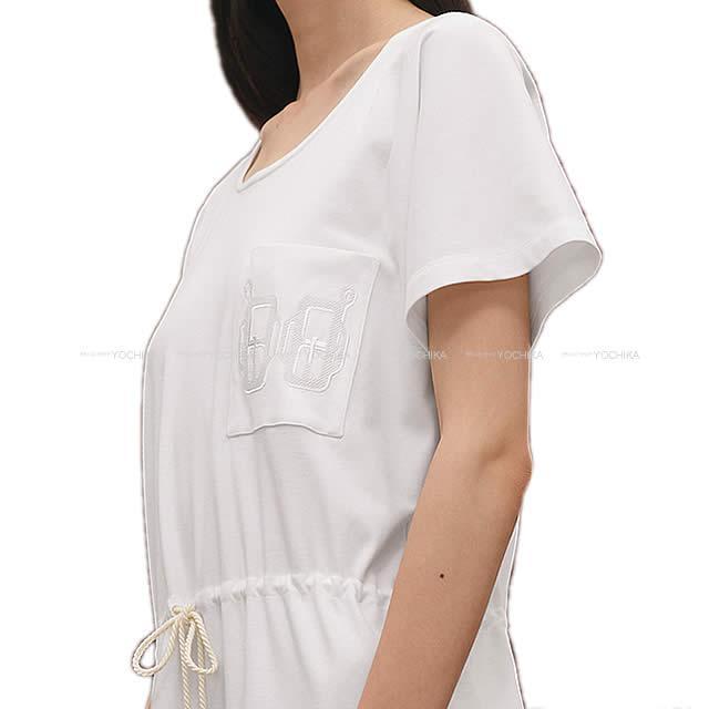 2019年春夏 HERMES エルメス ワンピース Tシャツ ポケット付 刺繍 白