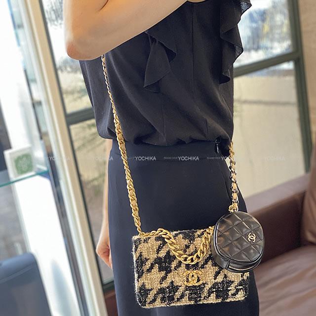 CHANEL シャネル19 千鳥格子柄 ポーチ付 チェーンウォレット