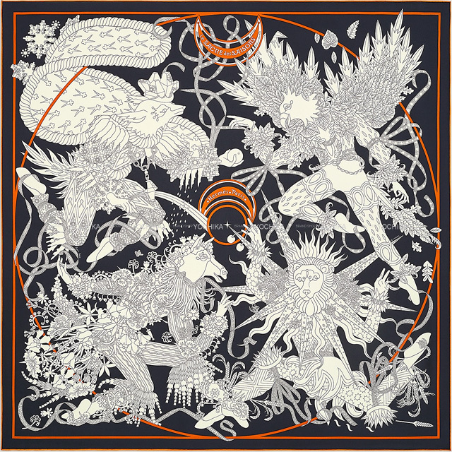 HERMES エルメス スカーフ カレ90 四季の祭典 ブルーノワール/クリーム