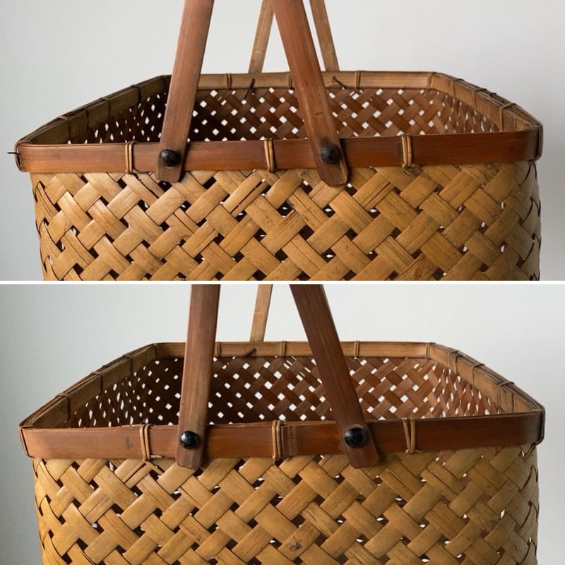 古い竹編の籠 四角い茶籠 幅約29cm 2ハンドルヴィンテージバスケット