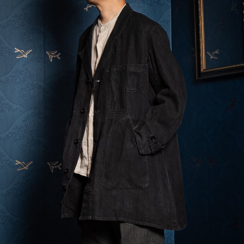 40s France Vintage Black Linen Maquignon Coat