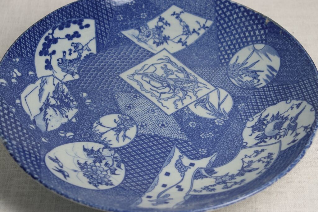 明治～大正期 輸出向 有田焼 色絵人物図 窓絵 アンティーク 植木鉢