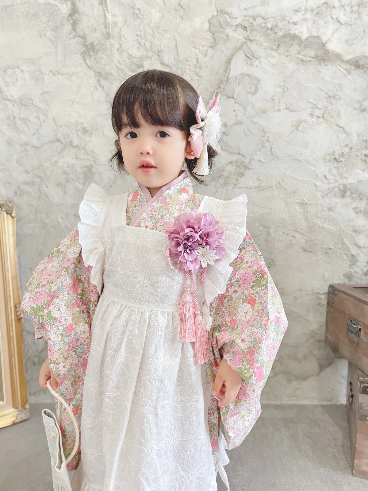 七五三　三歳　双子セット　ピンク花柄着物セット 七五三 三歳 双子セット ピンク花柄着物セット