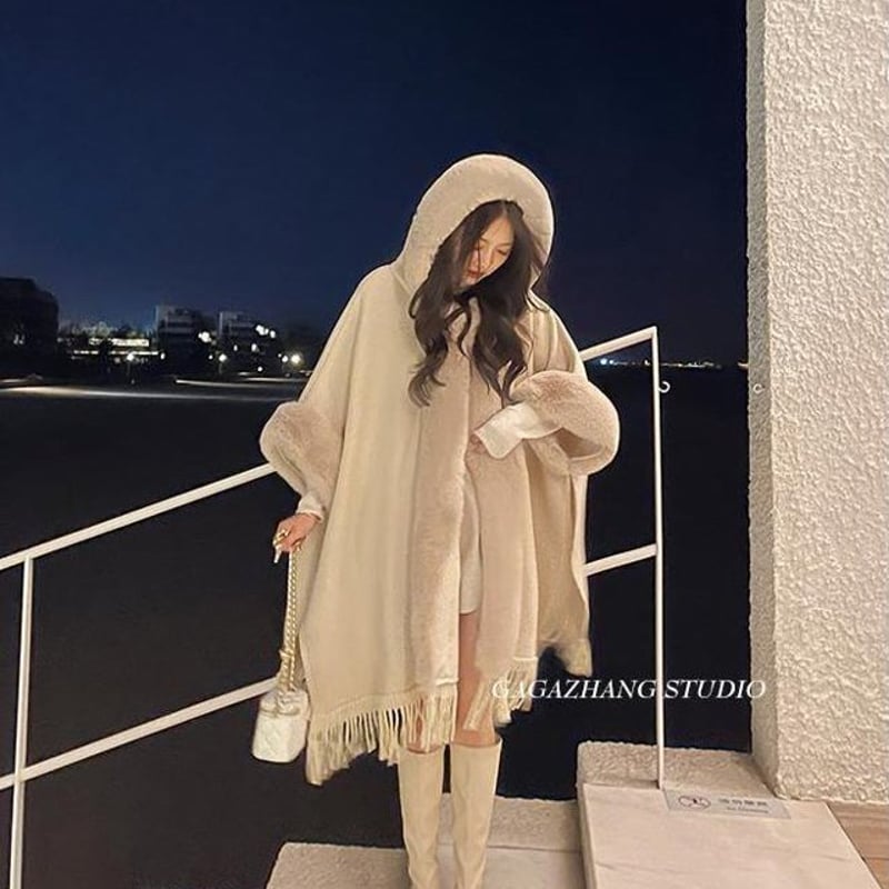 ファーフード付き ポンチョ ケープ ショーツ ふわふわ 暖かい アウター