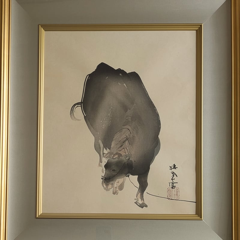 竹内栖鳳 版画（木版画） 「牛」 豪華・高級額装 芸艸堂 明治期彫