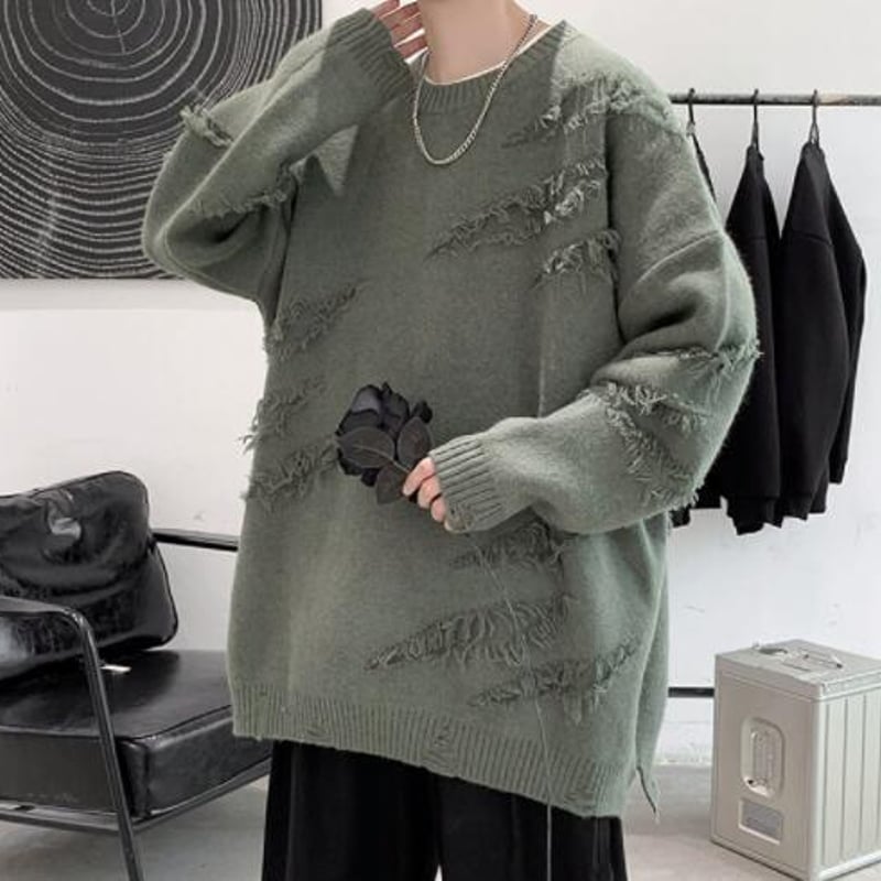 秋冬 メンズ トップス ニット セーター クルーネック ダメージ加工